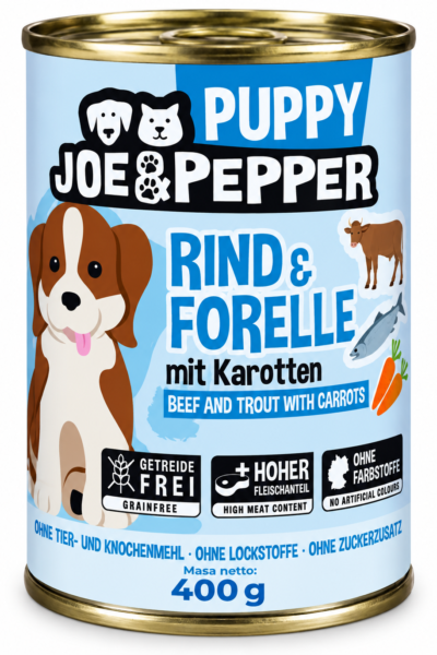 joe&pepper puppy wołowina ,pstrąg, marchewką