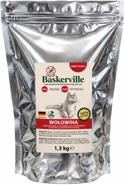 Baskerville Wołowina – pełnoporcjowa sucha karma dla dorosłych kotów 1,3 kg