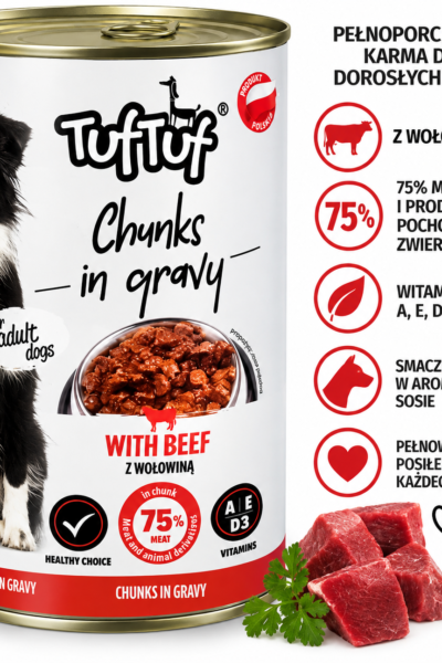 TufTuf Chunks in Gravy – karma dla dorosłych psów z wołowiną Pełnoporcjowa karma dla dorosłych psów z wołowiną w sosie. Apetyczne kawałki mięsa w aromatycznym sosie to smaczny i wartościowy posiłek dla dorosłego psa. Karma zawiera 75% mięsa i produktów pochodzenia zwierzęcego w kawałku, w tym 4% wołowiny. 🥩 Skład: Mięso i produkty pochodzenia zwierzęcego (75% mięsa i produktów pochodzenia zwierzęcego w kawałku), w tym 4% wołowiny, zboża, produkty pochodzenia roślinnego, substancje mineralne, cukry. 📊 Składniki analityczne: białko surowe – 7% tłuszcz surowy – 4% popiół surowy – 3% włókno surowe – 0,25% wilgotność – 81,5% 💊 Dodatki dietetyczne na 1 kg: witamina A – 1800 IU witamina D3 – 450 IU witamina E – 100 mg miedź – 3 mg mangan – 4 mg cynk – 20 mg